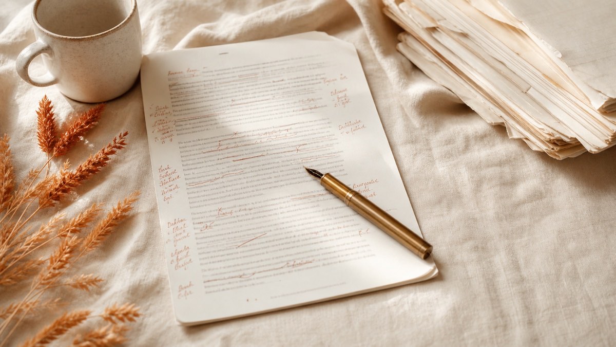 A printed draft covered in handwritten margin notes and edits, the messy human process AI-generated text lacks.