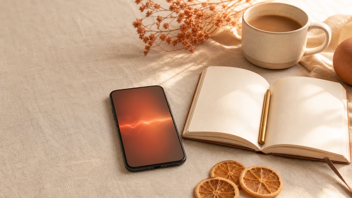 A phone with a warm terracotta glow resting beside an open notebook, suggesting capturing your own words by voice.