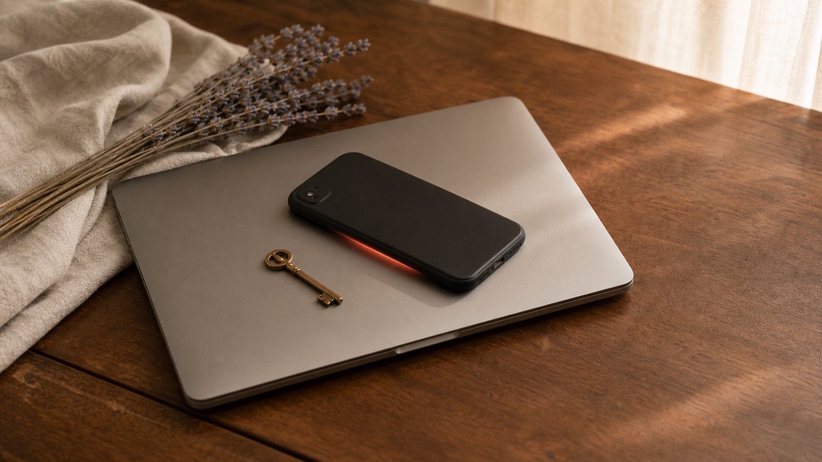 A closed laptop and a face-down phone with a faint terracotta edge glow beside a brass key and dried lavender on cream linen, suggesting a recording that stays private on the device.