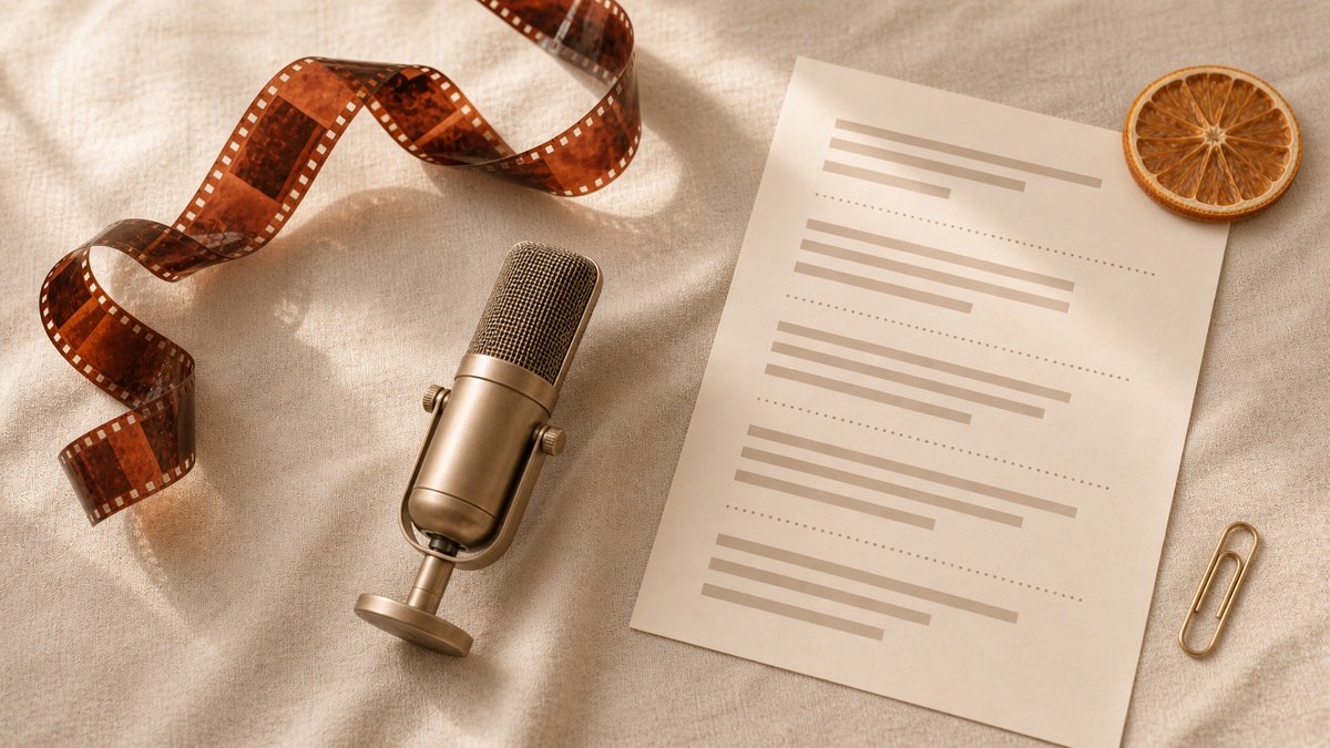 A strip of 35mm film, a small studio microphone, and a printed page with evenly spaced lines on cream linen, suggesting subtitles generated from audio.