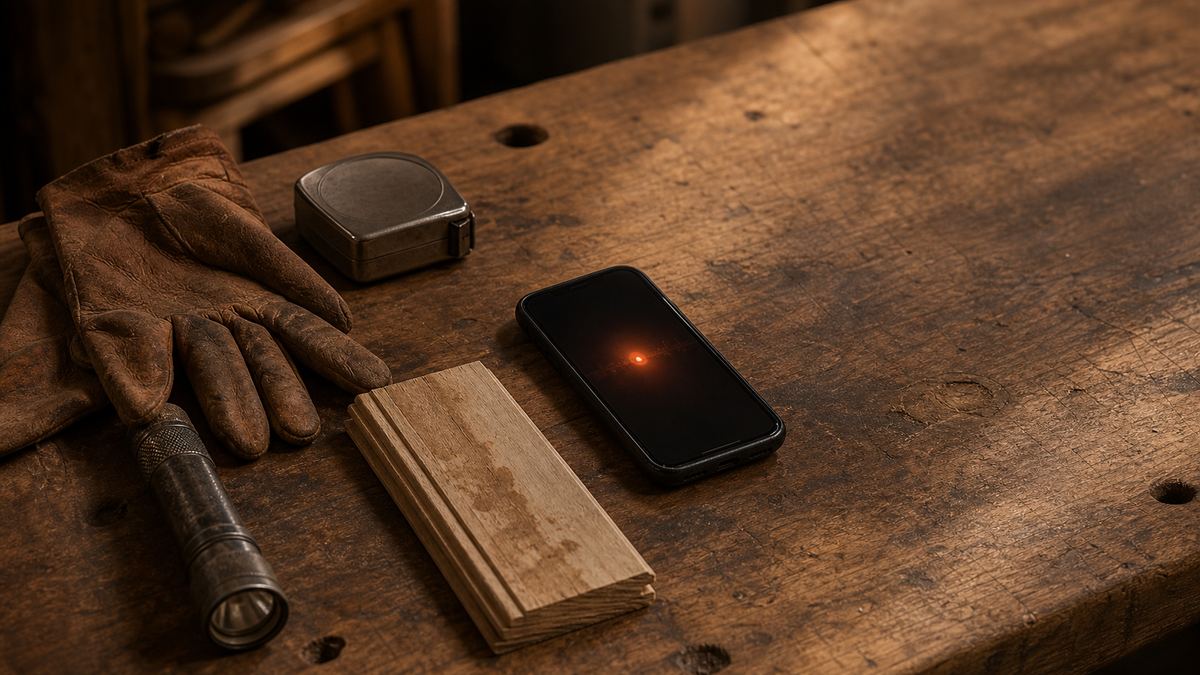 A warm cream and terracotta still-life on a scuffed workbench: a folded tape measure, a dusty torch, a pair of work gloves, and a phone lying face up with a soft ember glow on its screen beside a damp-stained sample of skirting board.