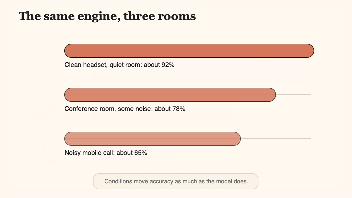 Diagram showing the same speech engine dropping from 92 percent accuracy on a clean headset to 78 percent in a conference room to 65 percent on a noisy mobile call.