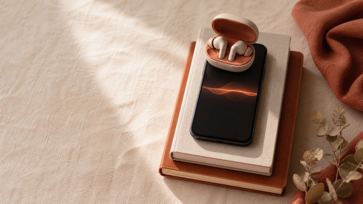 A leather journal, a notebook, a phone showing a soft terracotta glow, and earbuds stacked on cream linen, standing in for the layers of a private AI setup on a Mac.