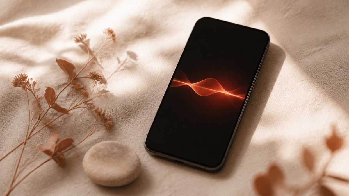 A phone resting on cream linen, showing a soft terracotta glow, beside a few dried stems and a smooth stone, suggesting that your voice stays on your own device.