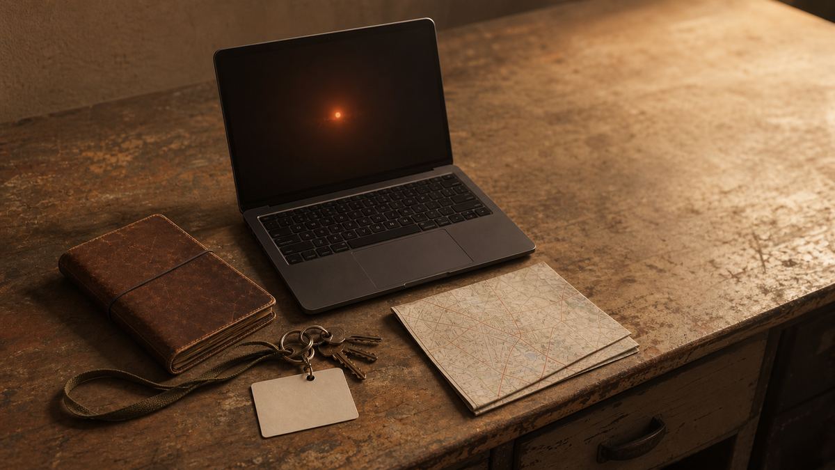 A public sector desk still-life in warm cream and terracotta tones: a weathered leather field notebook and a lanyard beside a laptop glowing with a soft ember light, a set of keys and a paper map folded on the table, suggesting notes captured in the field and kept on the device.