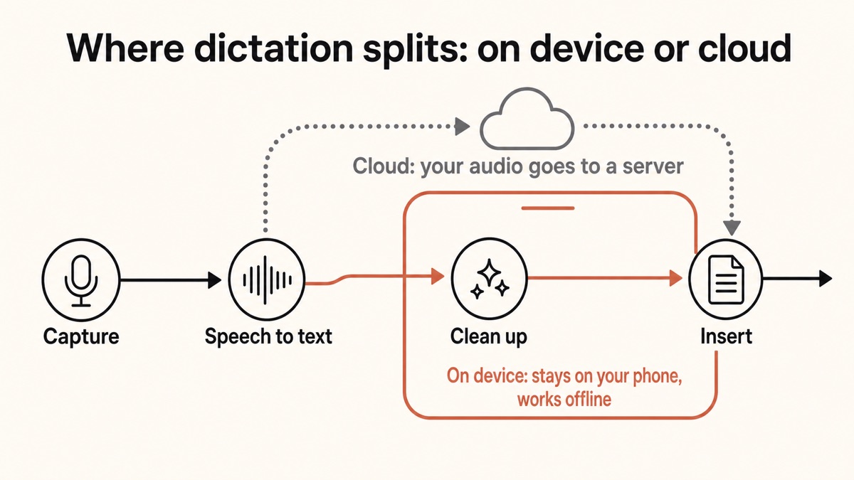 Diagram showing where dictation splits: capture, speech-to-text, cleanup, and insert can run on your device, while a cloud path sends your audio to a server and back.