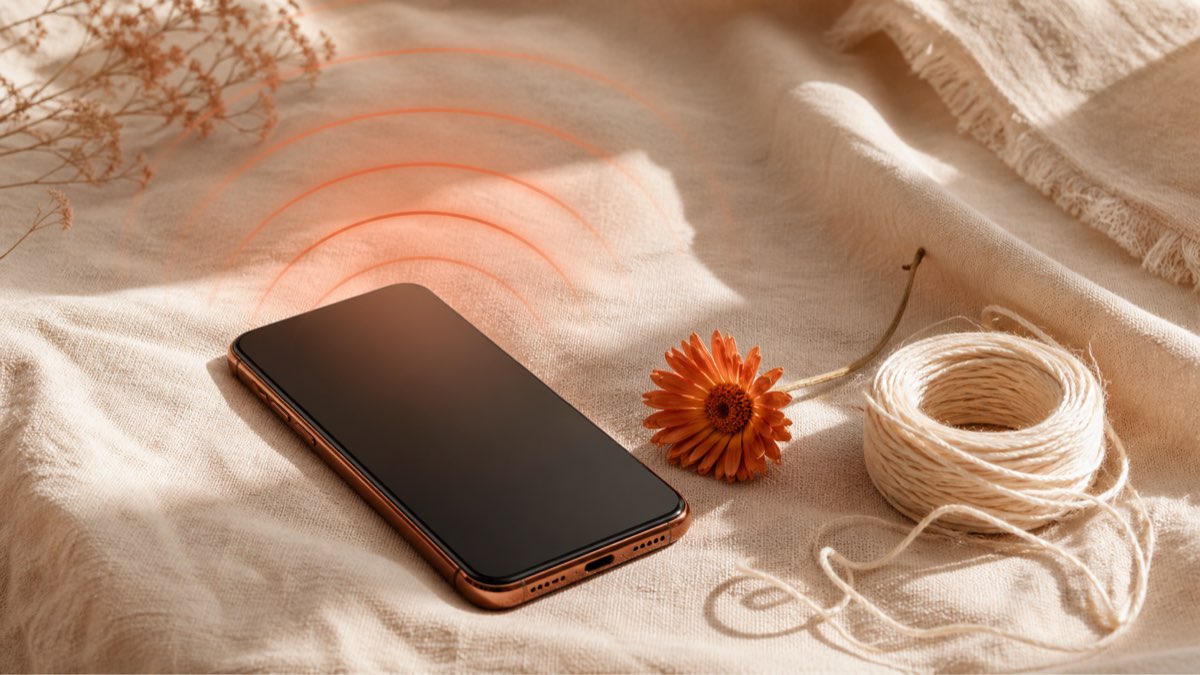 Editorial still life of a phone resting on a soft cream surface with a faint terracotta sound-wave glow rising from the screen, suggesting the relief of voice typing over thumb typing