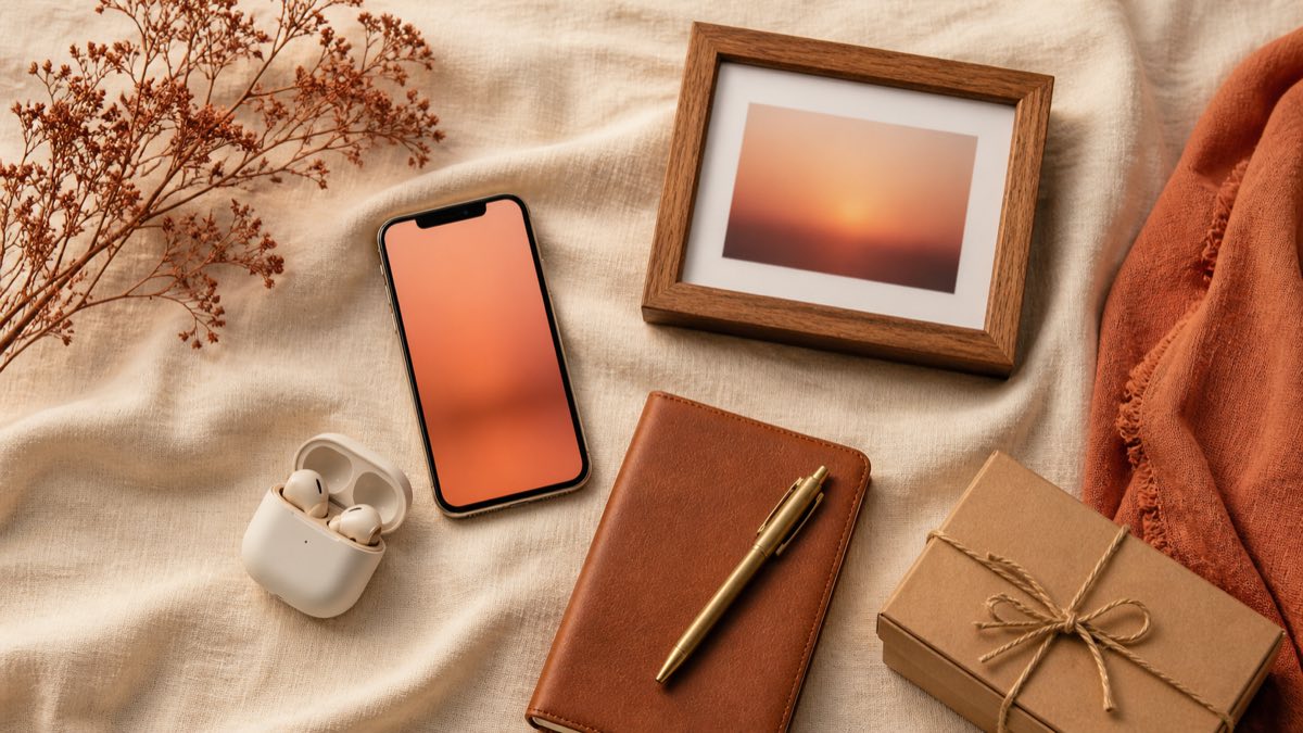 Flat-lay still life of a Mother's Day gift spread including earbuds, a voice-typing phone, a smart photo frame, a notebook, and a meal kit