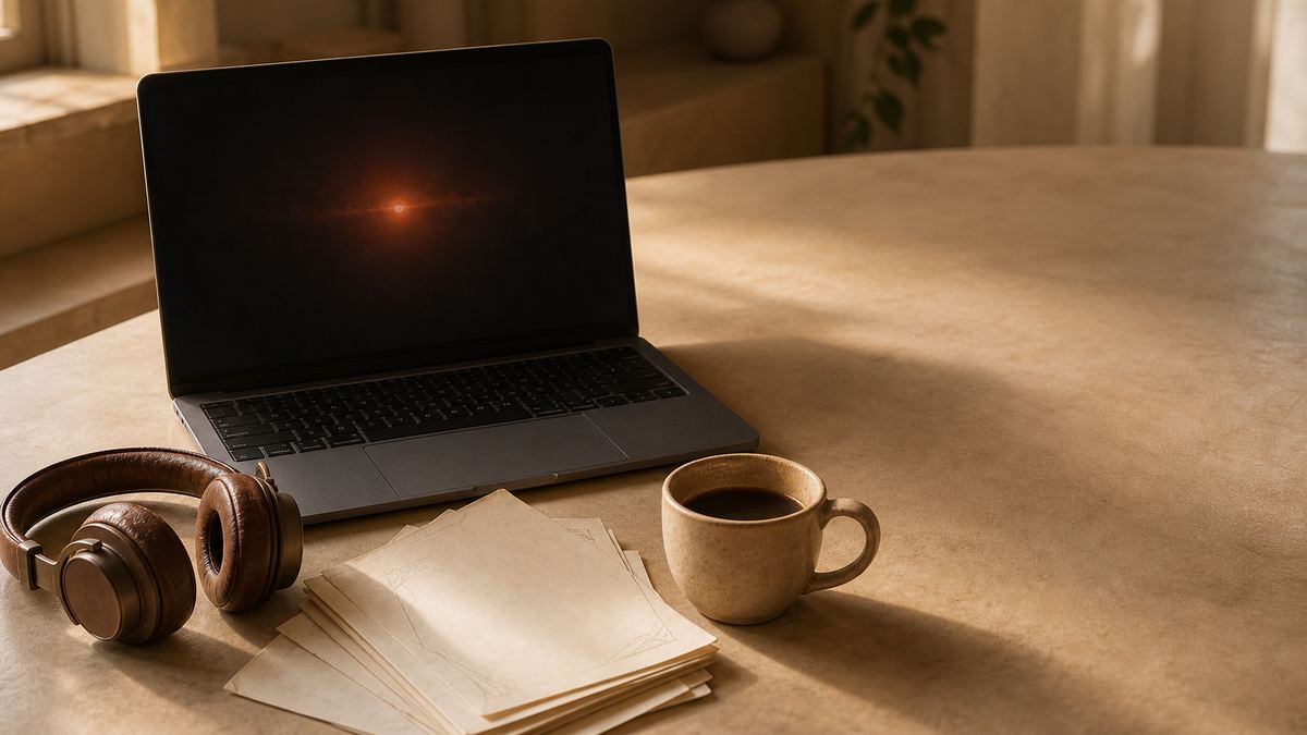 A warm cream desk with a laptop glowing softly with ember light, a pair of worn leather headphones beside a stack of printed pages marked in three languages, and a small ceramic cup of coffee catching the afternoon sun