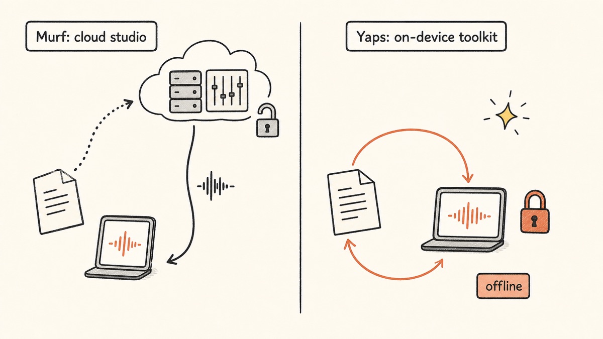 Hand-drawn diagram comparing Murf's cloud voiceover studio, where the script leaves the device for a server, against Yaps' on-device toolkit, where the work loops back and stays private and offline.