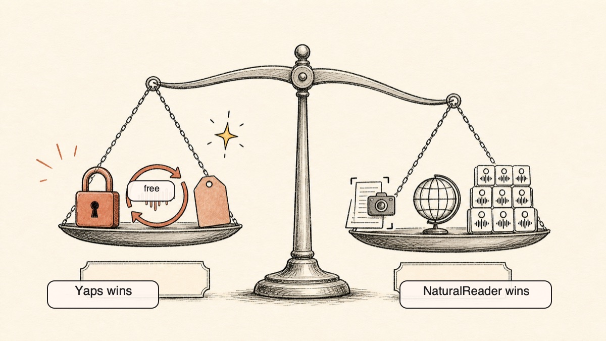 Hand-drawn balance scales weighing where Yaps wins (private, offline, free read-aloud) against where NaturalReader wins (OCR, 40+ languages, more voices), an honest NaturalReader alternative comparison.
