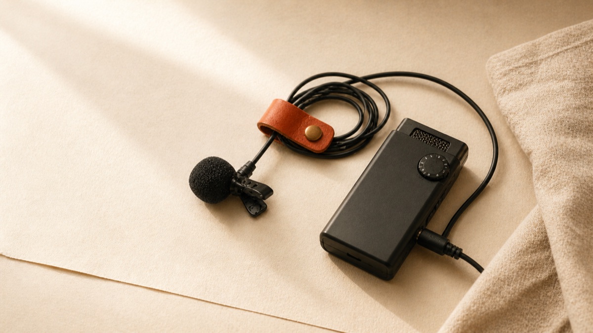 A clip-on lavalier microphone with a terracotta cable wrap beside a small pocket field recorder on cream paper.