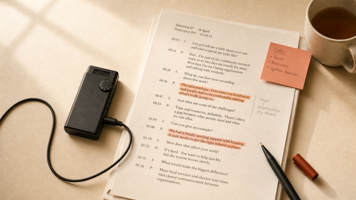 A printed interview transcript with terracotta highlighter swipes beside a small pocket recorder on a cream desk.