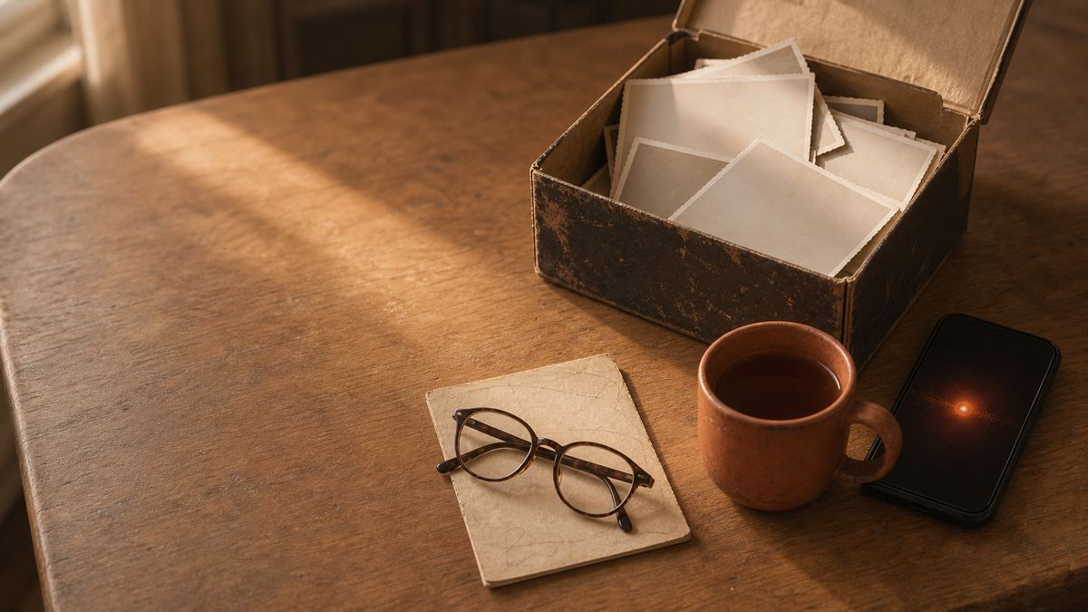 A warm cream kitchen table still-life with a shoebox of loose black and white photographs, a pair of reading glasses folded on a handwritten recipe card, a terracotta mug of tea, and a phone lying face up beside them with a soft ember glow across its screen.