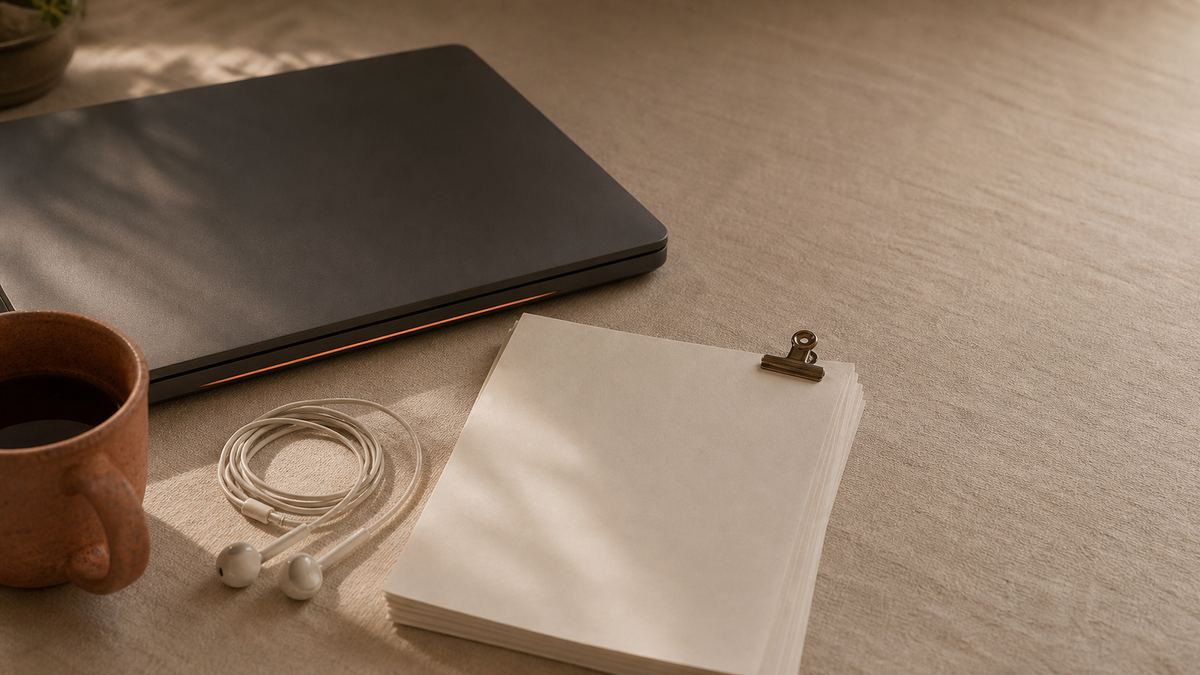 A pair of wired earbuds coiled beside a stack of printed report pages on a cream desk, a terracotta mug of coffee at the edge of the frame, and a closed laptop with a soft ember glow along its seam in low morning light