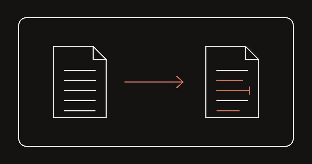 Two page outlines joined by an ember arrow, the right one showing editable lines and a cursor, both enclosed in a single unbroken boundary