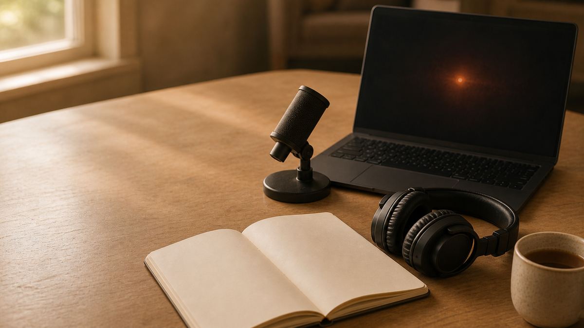 A pair of studio headphones and a small microphone resting beside an open notebook and a laptop glowing with soft ember light on a warm cream desk, a mug of coffee at the edge of the frame