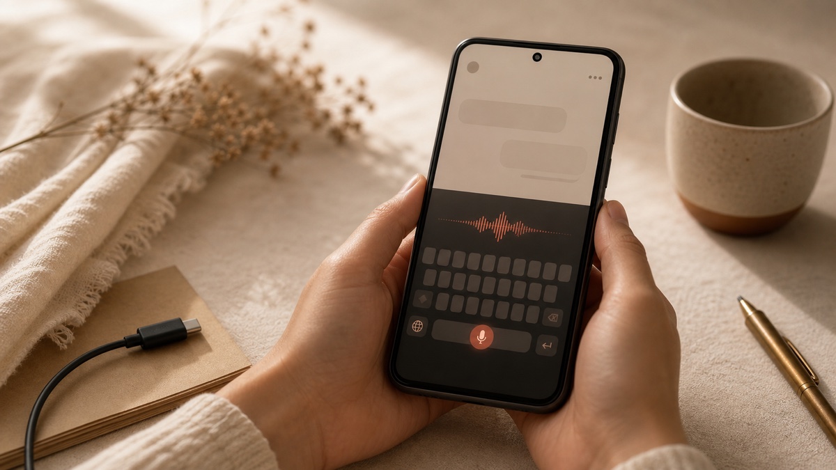 Hands holding an Android phone showing a private voice keyboard with a terracotta microphone indicator and generic on-device dictation waveform