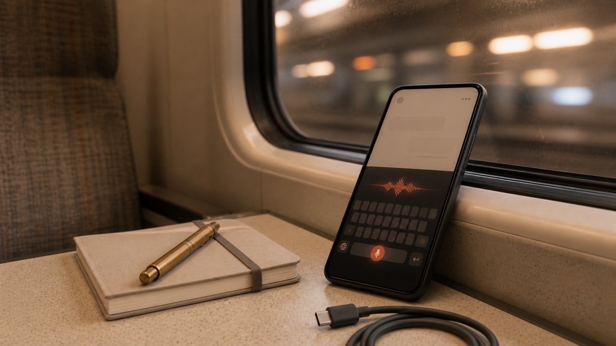 Android phone using an offline voice keyboard beside a train window with a notebook, brass pen, and unplugged cable, suggesting dictation that works without a network