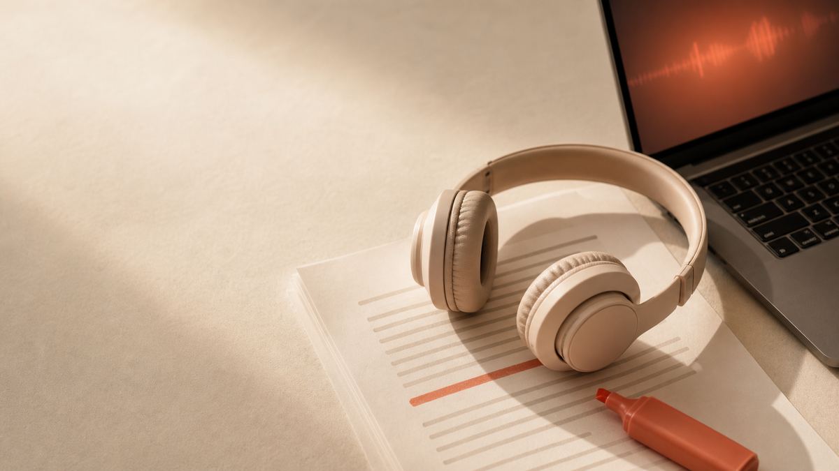 A pair of over-ear headphones resting on an open printed document beside a laptop glowing softly with warm ember light, on a cream surface, suggesting a document being read aloud privately