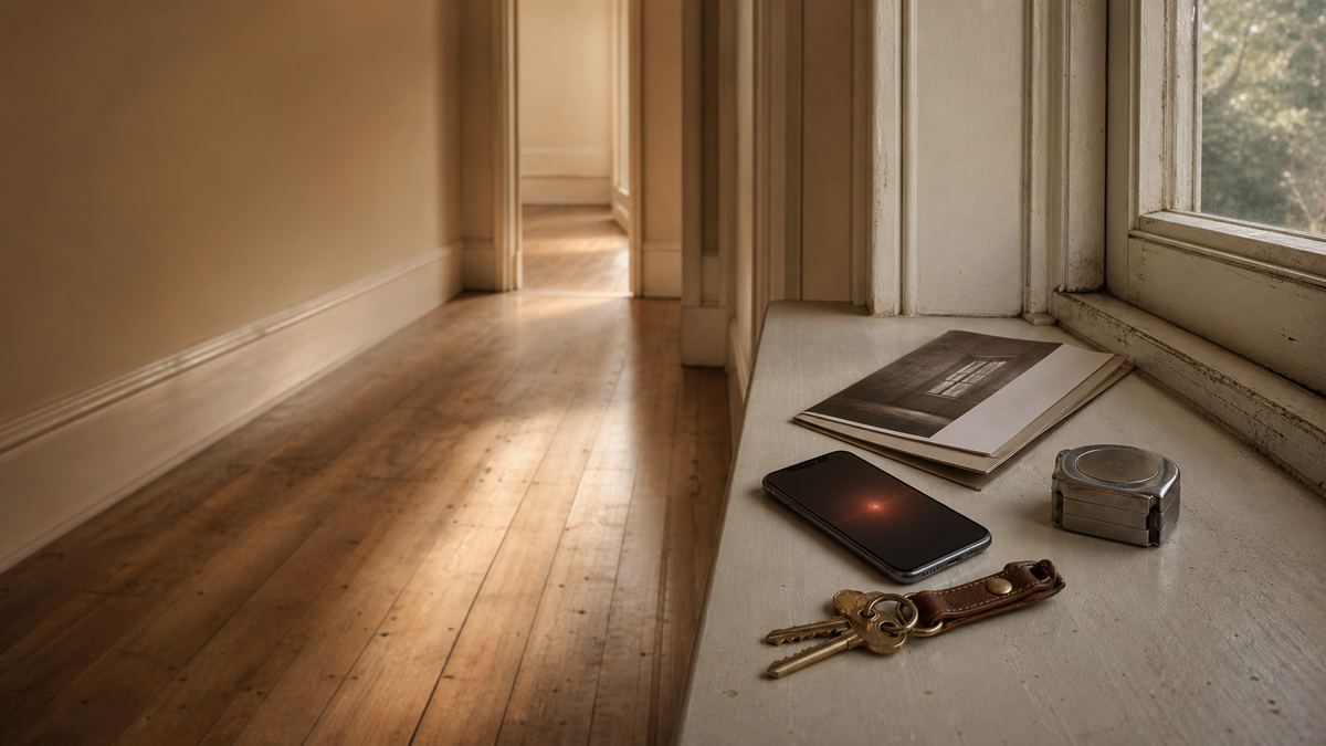 A warm sunlit hallway in an empty period house from an agent point of view: a phone resting on a windowsill with a soft ember glow, a tape measure, a set of keys on a leather fob, and a folded property brochure beside a stack of paint samples.