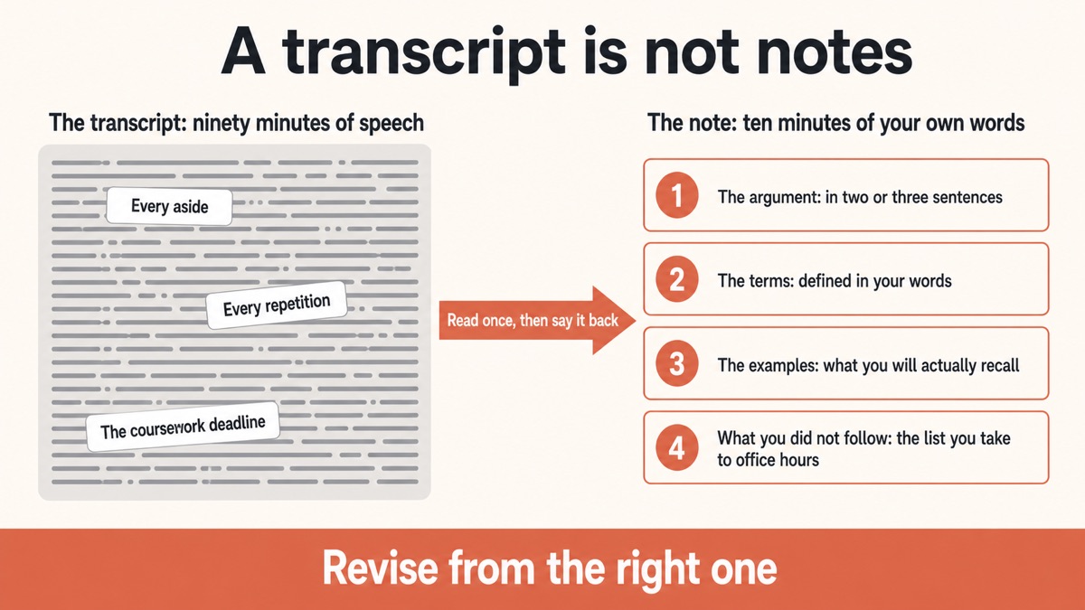 A diagram contrasting a ninety-minute lecture transcript with the short structured note you actually revise from, built from four prompts: the argument, the terms, the examples, and what you did not follow