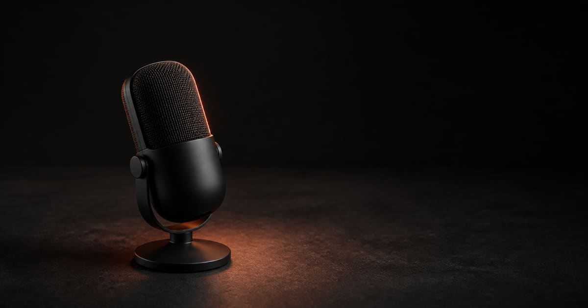 A headset microphone in close profile against a dark background, with a soft waveform glow tracing the arm