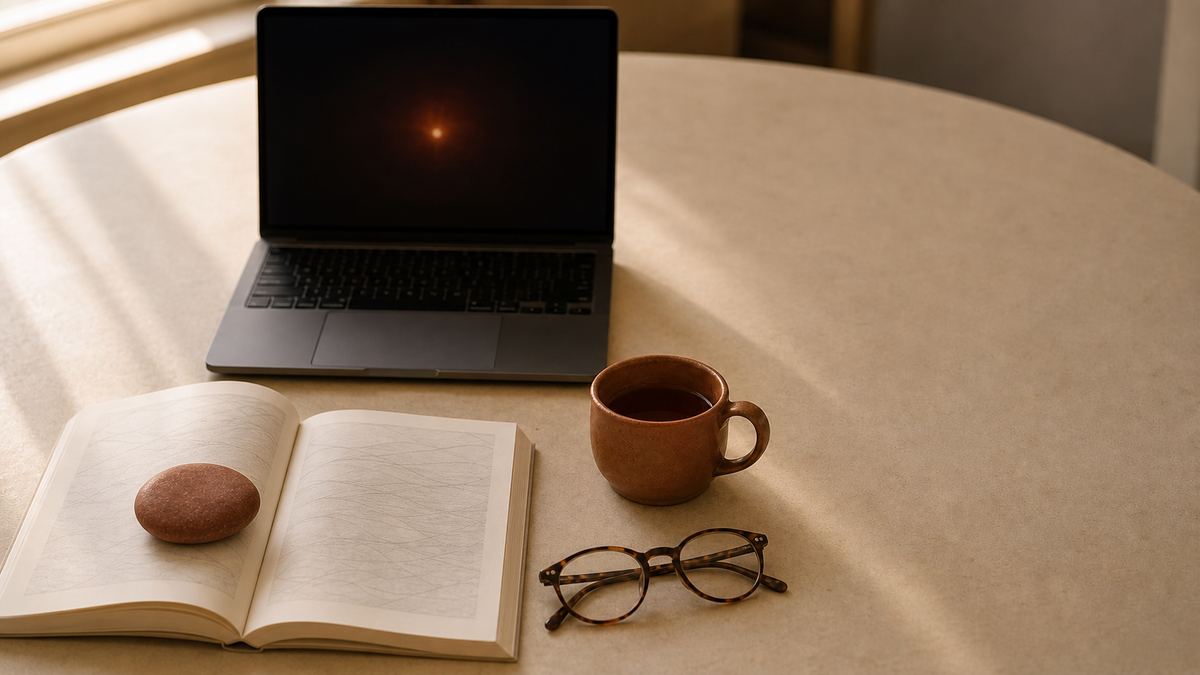 A cream desk in warm afternoon light with an open paperback held flat by a smooth terracotta stone, a pair of tortoiseshell reading glasses folded beside it, a small clay cup of tea, and a laptop just behind with a soft ember glow spilling across its screen