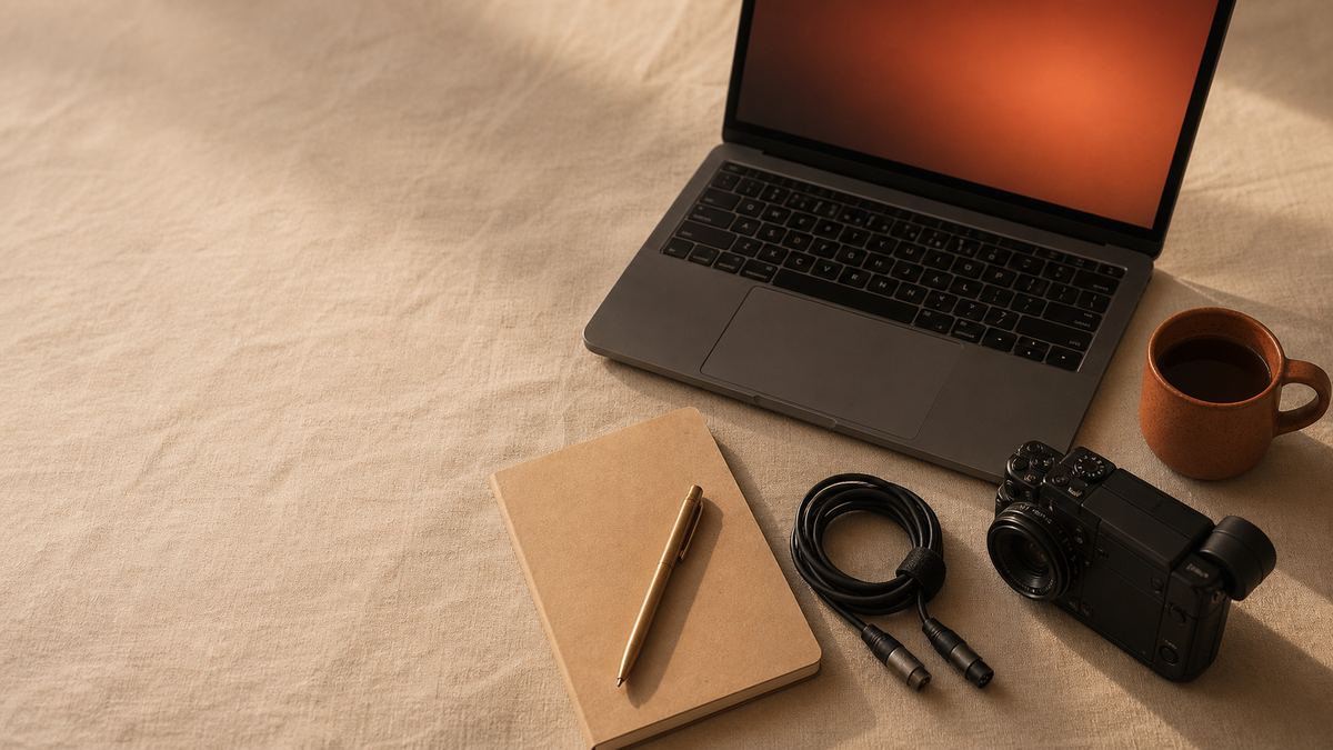 A warm cream desk photographed from above: an open laptop glowing with a soft ember light, a small camera and a coiled cable resting beside it, a paper notebook with a pen laid across it, and a terracotta mug catching late afternoon sun.