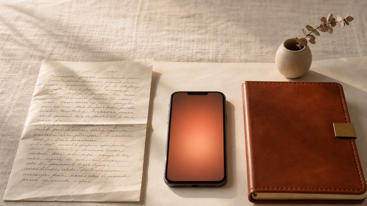 A handwritten cursive note on cream paper, a phone face-up with a warm terracotta glow on its screen, and a closed leather notebook with a brass tab marker, arranged left to right on a cream linen surface — depicting the flow from raw thought to voice capture to organised vault