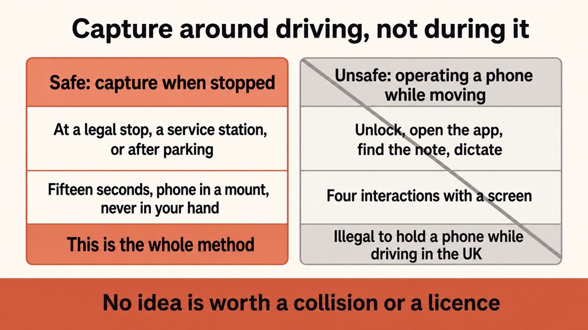 A diagram contrasting safe capture around driving, at a legal stop or after parking, with the unsafe version of unlocking and operating a phone while moving