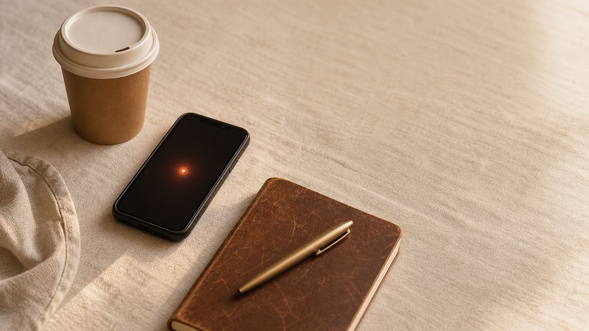 A warm editorial still life on a cream desk: a phone lying face up beside a coffee cup and a leather notebook, the phone screen glowing with a soft ember light as if a voice note is being recorded between calls.