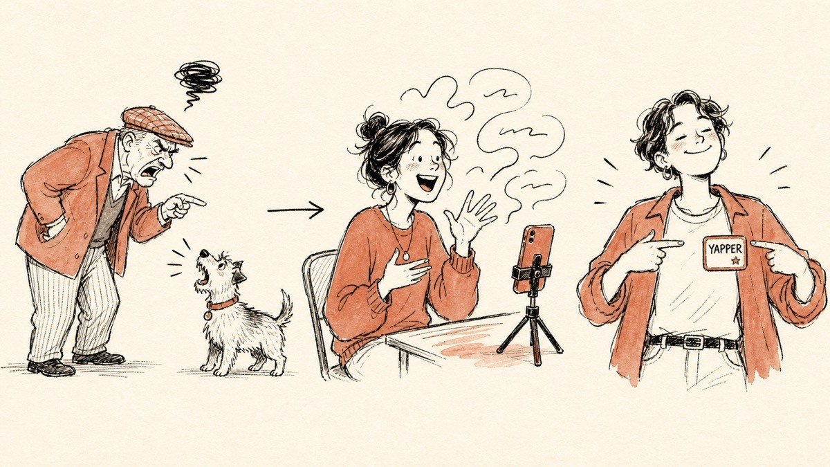 A hand-drawn sketch showing the reclamation of the word yapping in three steps: a grumpy figure snapping quit your yapping, a laughing person filming themselves on a phone, and a smiling person proudly wearing a badge that reads yapper
