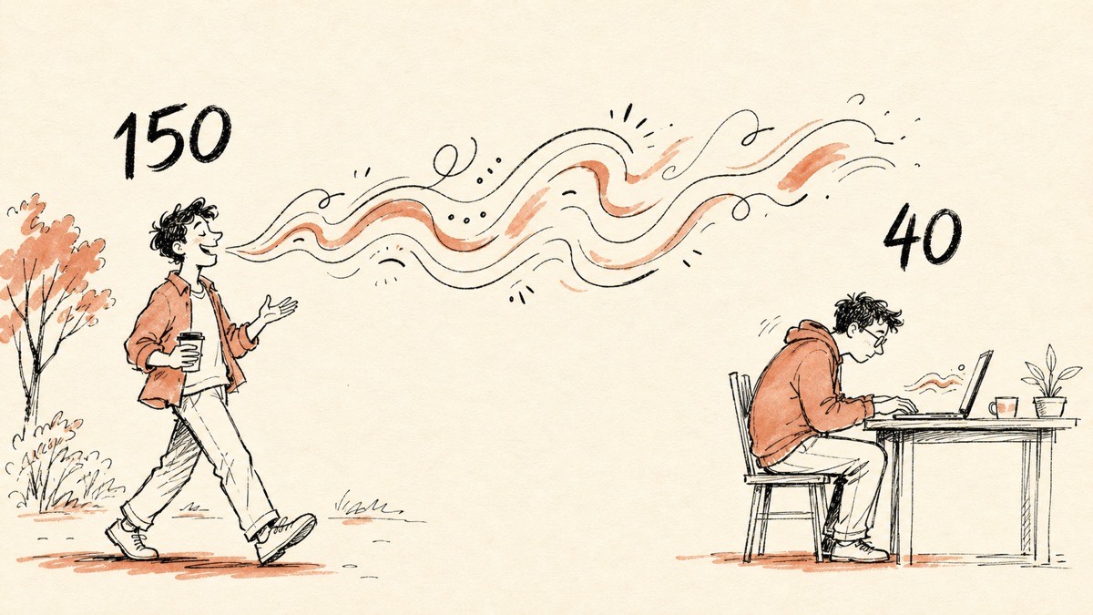 A hand-drawn sketch comparing speaking speed and typing speed, showing a relaxed person speaking at 150 words per minute outpacing a hunched person typing at 40 words per minute