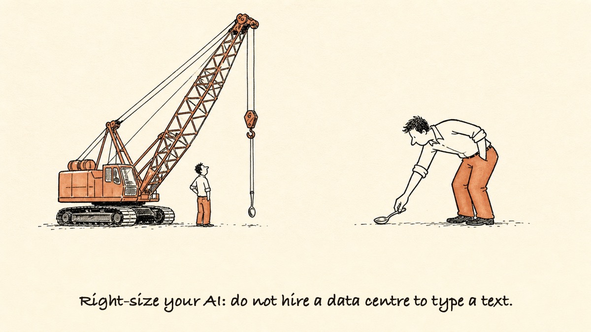 A hand-drawn cartoon: a person stands beside a giant crane that dwarfs them, ready to lift something tiny, while next to them the same person simply bends down and picks up a teaspoon by hand. The caption reads, right-size your AI, do not hire a data centre to type a text.