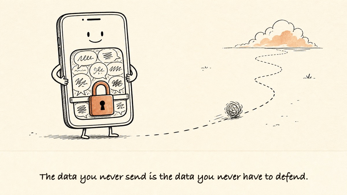 A hand-drawn cartoon of a smiling phone holding its speech bubbles safely inside, behind a closed terracotta padlock, while an empty dotted road leads off to a distant cloud with a tumbleweed rolling along it. The caption reads, the data you never send is the data you never have to defend.
