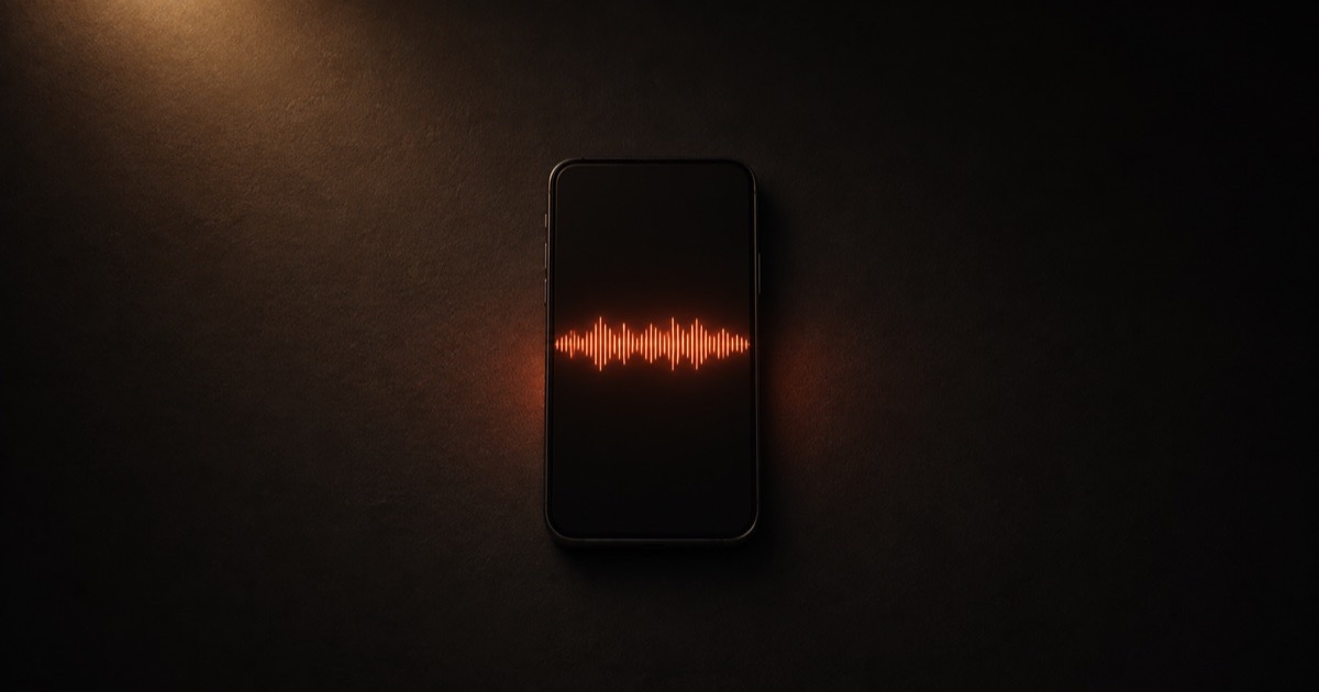 An iPhone on a dark surface showing a voice keyboard mid-dictation, with a soft ember glow along the waveform